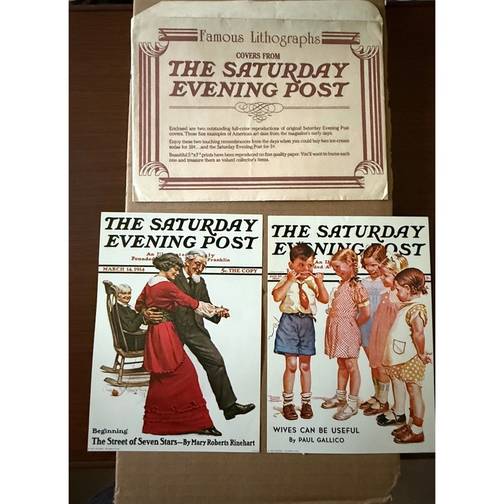 Saturday Evening Post Vintage Lithograph Prints Set of 2 5x7 1914 1937 Covers
